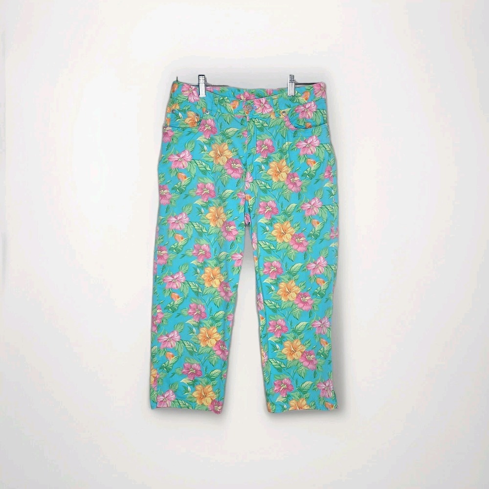 Lauren Ralph Lauren Teal Floral Cropped Cotton Blend Ankle Pants Women Size 8